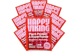 Happy Viking Strawberry Smoothie Plant Protein Powder, Created by Venus Williams, 20G Protein, Low Carb, Keto, Vegan, Gluten-Free, Non-GMO, Superfoods, Complete Meal Replacement, 8 Single Serve Packs