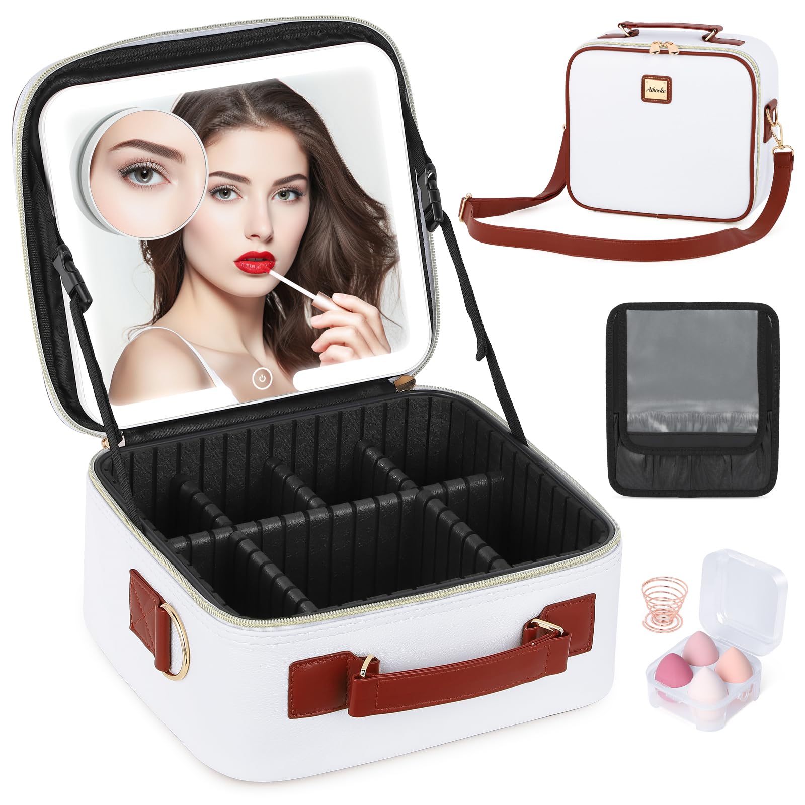 Aiborke Travel Makeup Bag with Led Mirror Make up Case with Lighted Mirror Cosmetic Organizer bag with Adjustable Dividers and 5X Magnifying Mirror Makeup Box Vanity Case for Women, White+Brown