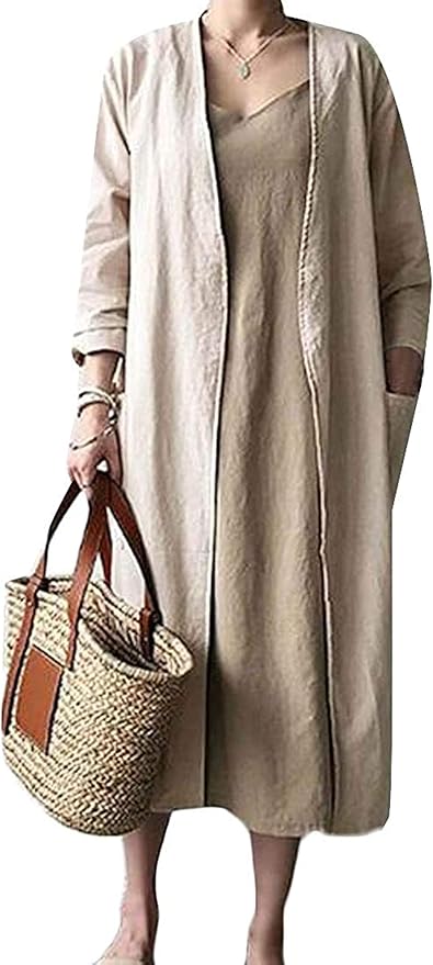 Women Cotton Linen Long Plus Size Plain Loose Fit Cardigan Trench Coat