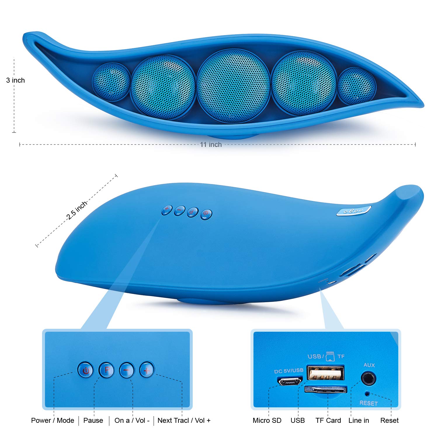 Bluetooth Speaker with Superior Stereo Sound, Exclusive Pea Appearance, 5-Watts, 24-Hour Playtime, Perfect Wireless Speaker for Home (Blue)