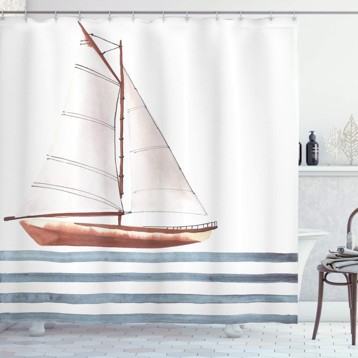 ABAKUHAUS Nautical Shower Curtain, Let Your Dreams Sail Words with Boat in Waves Motivation Lifestyle Print, Cloth Fabric Bathroom Decor Set with Hooks, 94 Inches, Cinnamon Pale Blue