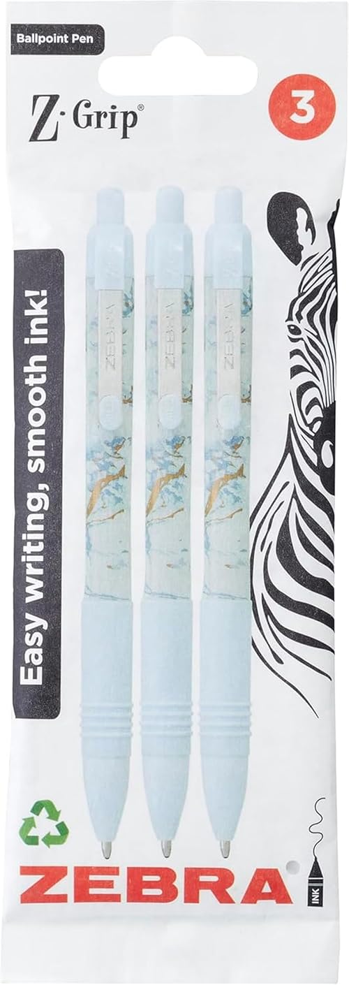 Zebra Pen Z-GRIP Smooth Glam Black Ink Ballpoint Pens 3pk 1.0mm Medium Point Retractable Ink Pens with Clip - Smooth Writing Pens with Low Viscosity Ink, Comfort Grip - 3 Pens Multipack (Blue Marble)