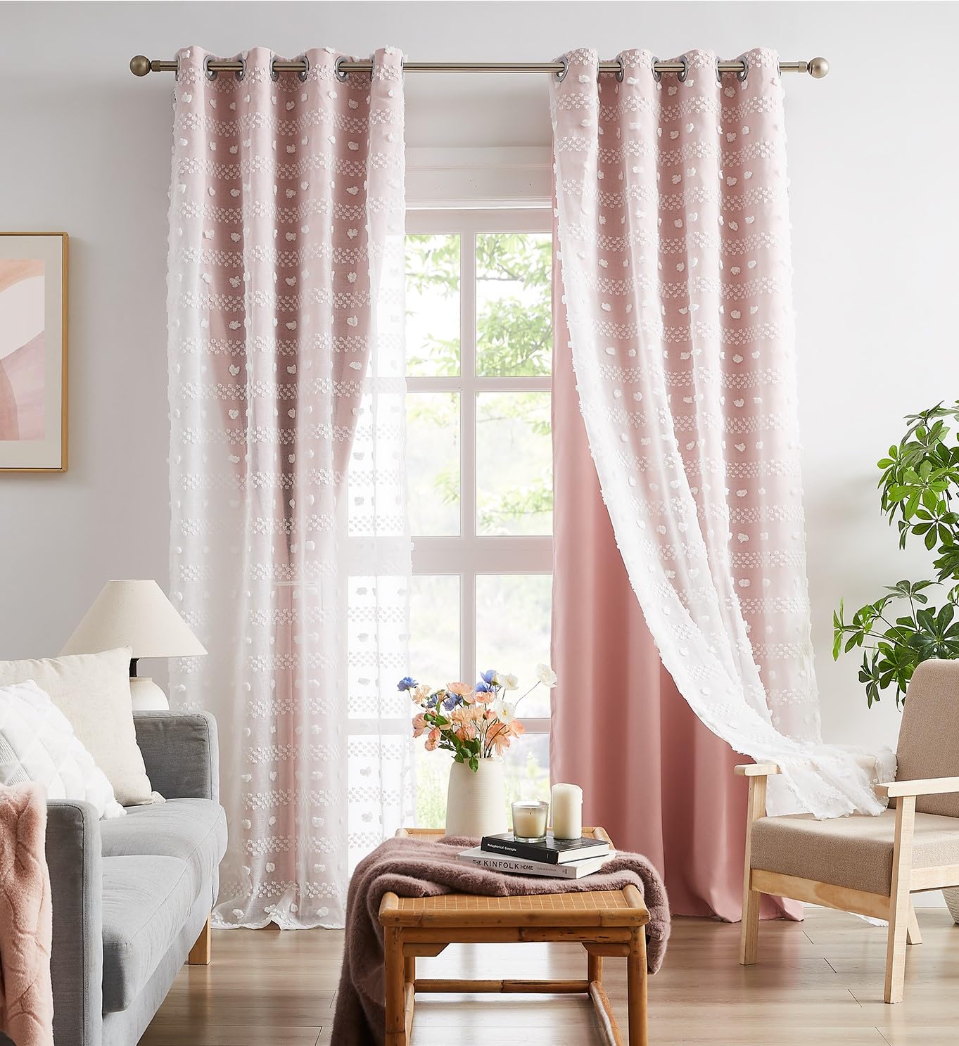 Photo 1 of **usd**Solanaluna French Cute Pink Curtains 84 Inches Long Little Pom Pom White Sheer Curtains for Girls Room Nursery Curtains Double Layer for Toddler Bedrooms Grommet Room Darkening Window Panels