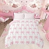 Feelyou Pink Bow Twin Bedding Set for Girls, Pink Bow Comforter Set for Kids, Cute Bowknot Girls Comforter Kawaii Dreamy Princess Style Room Decor, 1 Pillowcase