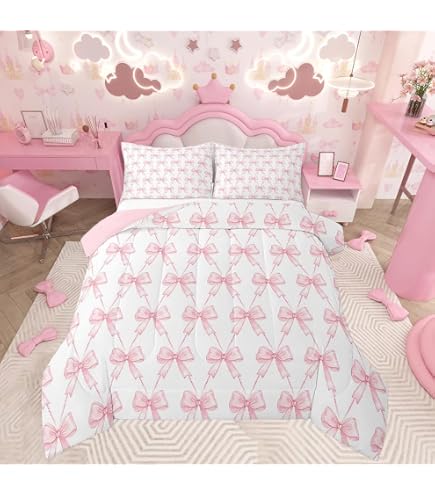 7-Piece Twin Size Cherry Comforter Set For Kids & Teens - Cute Kawaii Fruit Bedding With Sheets & Pillowcases (Red & Pink)