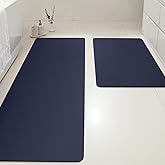 Ultra Thin Bath Mat, Upgrade Backing Non Slip Thin Bath Mats Fit Under Door, Quick Dry Ultra Absorbent Bathroom Rugs, Machine Washable Bath Rugs for Bathroom, Bathtub, Dark Blue/Solid/24"x17"+48"x20"