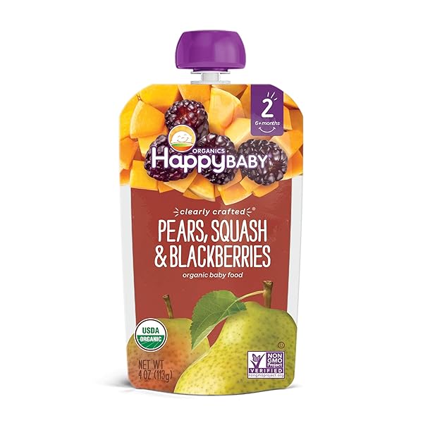 HAPPY BABY ORGANICS STAGE 2 BABY FOOD POUCHES, GLUTEN FREE, VEGAN & HEALTHY SNACK, CLEARLY CRAFTED FRUIT & VEGGIE PUREE, PEAR SQUASH & BLACKBERRIES, 4 OUNCES (PACK OF 1)
