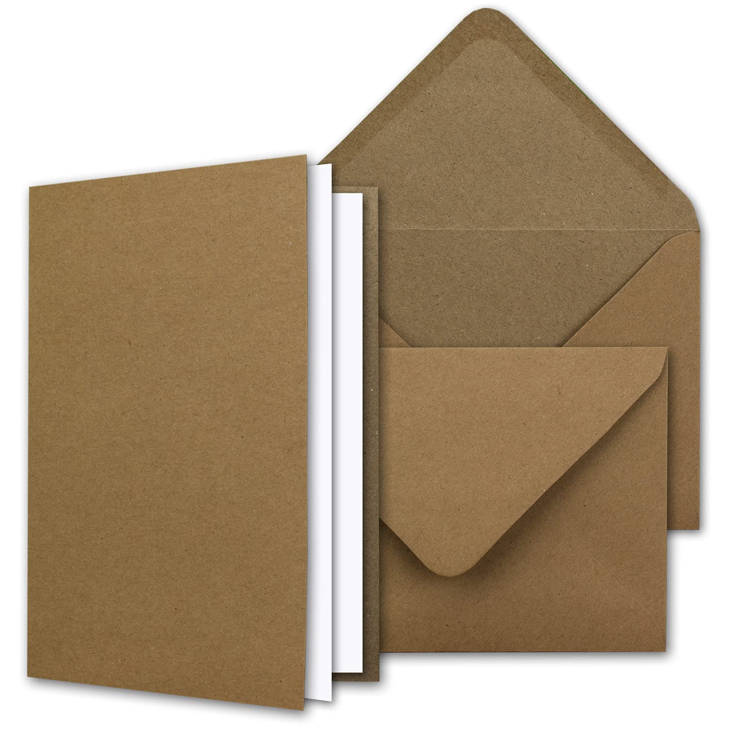 Kraft Cards with Envelopes & Inserts in Gift Box | Pack of 50 | Recycled Blank Invitation Cards in Brown | Printable Postcards in DIN A6 Format | Cards Ideal for Designing & Creating