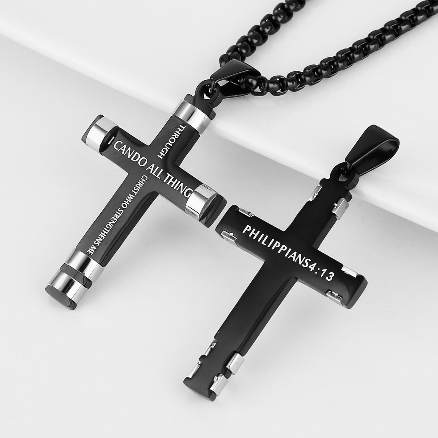 HZMAN Philippians 4:13 Cross Pendant STRENGTH Bible Verse Stainless Steel Necklace 3 Colors Available (Black) | 