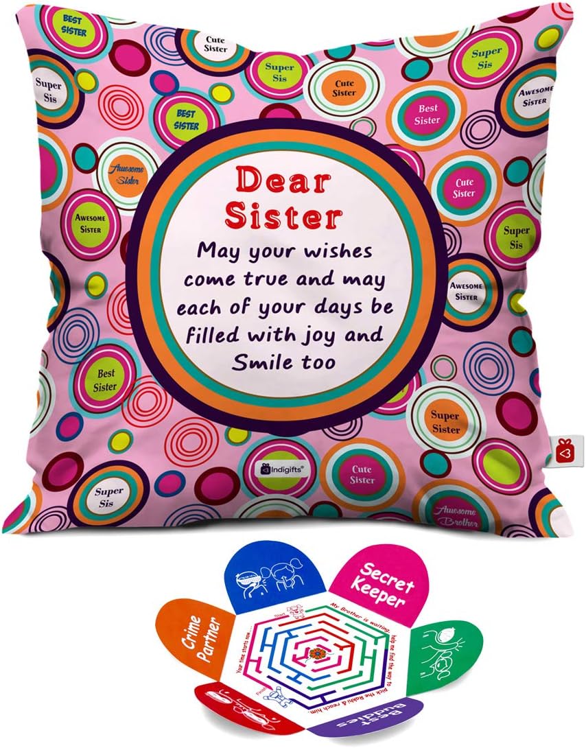 Indigifts Sister May All Your Wishes Come True Quote Micro Satin, Fibre Cushion Cover with Filler (12x12 Inches, Pink)