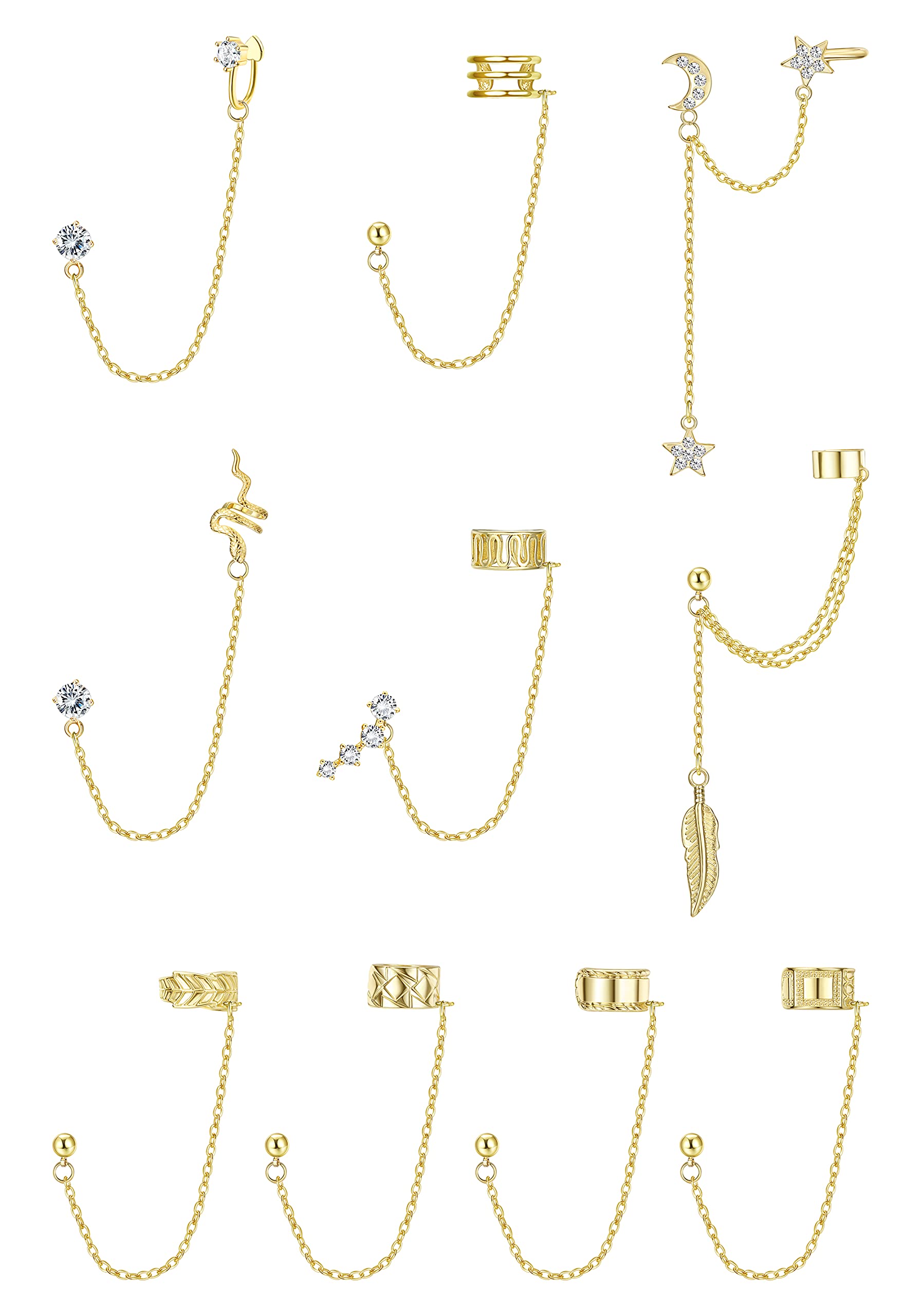 ADRAMATA 10Pcs Ear Cuff Earrings Chain for Women Snake Feather Ear Cuff Moon Star Ear Climber Helix Cartilage Crawler Earrings Tassel Chain Ear Cuff Earrings for Women Girls