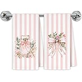 Exqcom Coquette Pink Bow Floral Bathroom Hand Towels, Coquette Girly Bathroom Decor, Pink and White Striped Perfume Decorative Hand Towels for Bath Room Washroom Restroom, 16x24 Inch Set of 2