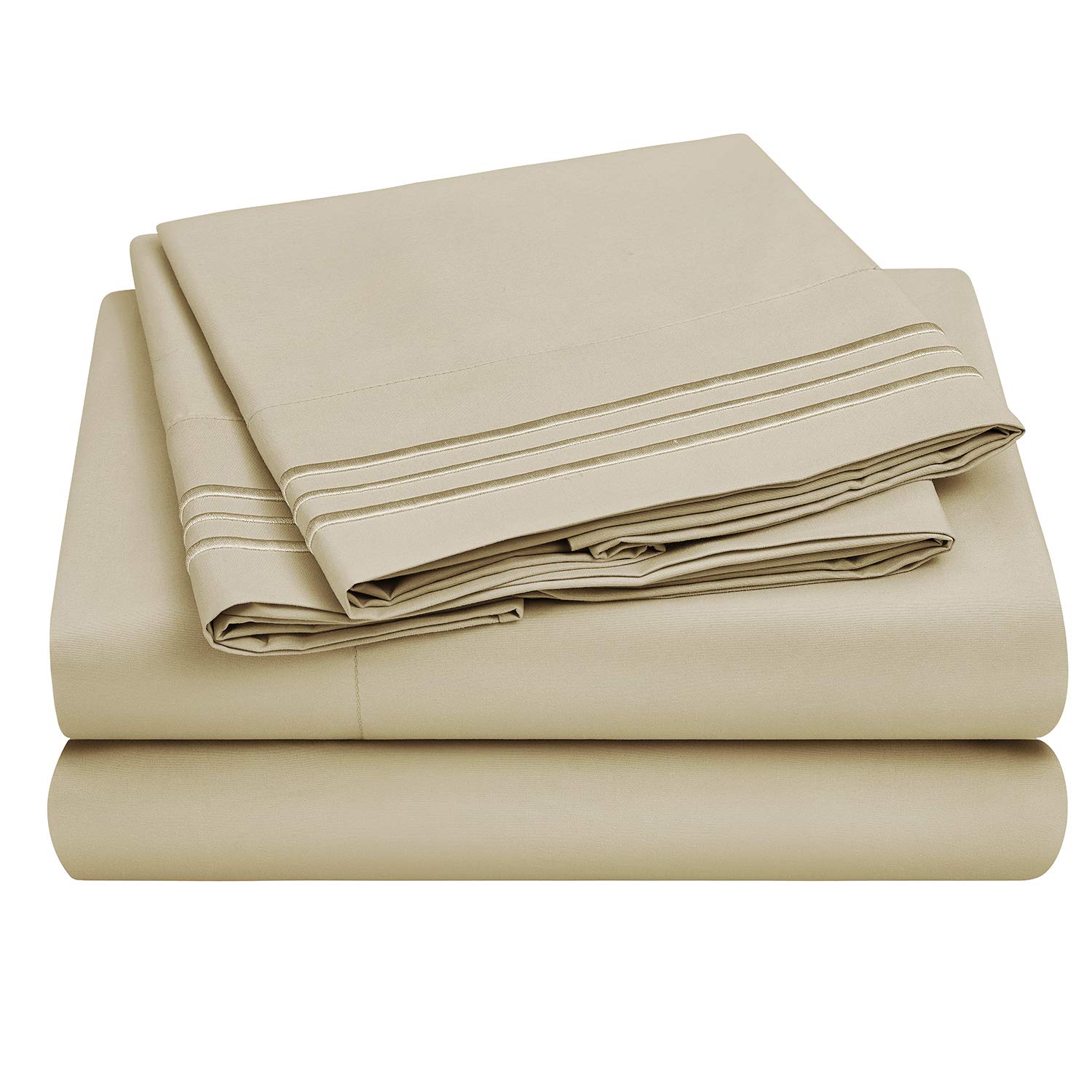 HOMEIDEAS 4 Piece 3-Line Embossed Bed Sheets Set Extra Soft Brushed Microfiber 1800 Bedding Sheets Deep Pocket, Wrinkle & Fade Free (King, Cream)