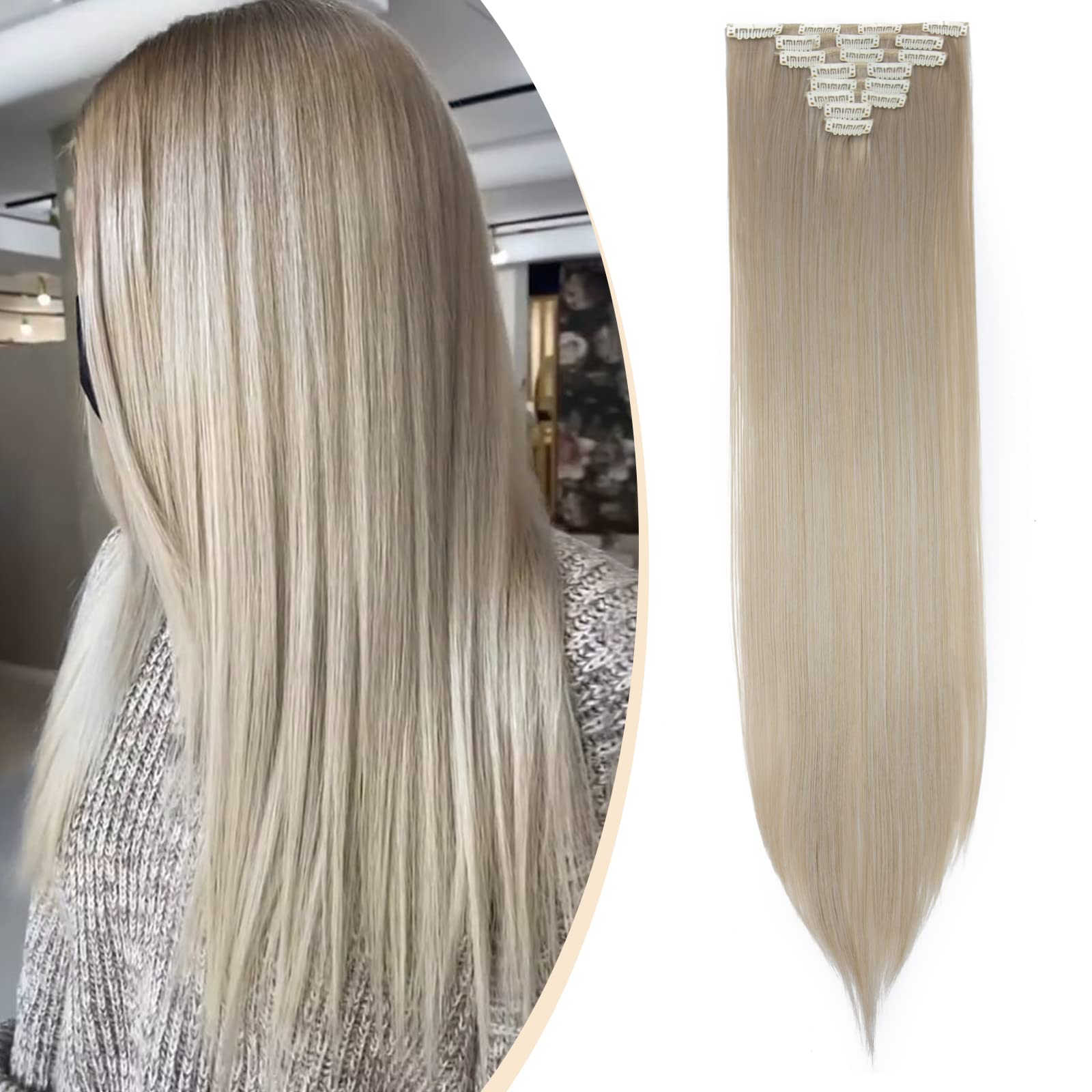 S-noilite® 17-26 Inches(43-66cm) 8pcs Long Full Head Clip In Hair Extensions Extension Sexy Lady Fashion Halloween Choice 60 Colours (26 Inches-Straight, Ash blonde mix silver gray)