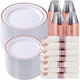 Goodluck 700 Piece Rose Gold Plastic Dinnerware Set for 100 Guests, Disposable Plates for Party, Include: 100 Dinner Plates, 100 Dessert Plates, 100 Pre Rolled Napkins with Silverware, 100 Cups