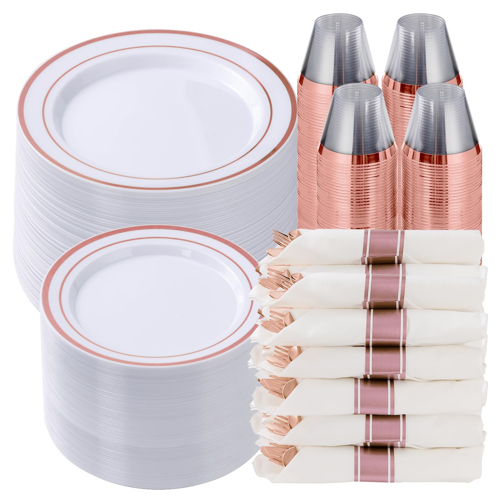 Goodluck 700 Piece Rose Gold Plastic Dinnerware Set for 100 Guests, Disposable Plates for Party, Include: 100 Dinner Plates, 100 Dessert Plates, 100 Pre Rolled Napkins with Silverware, 100 Cups Image