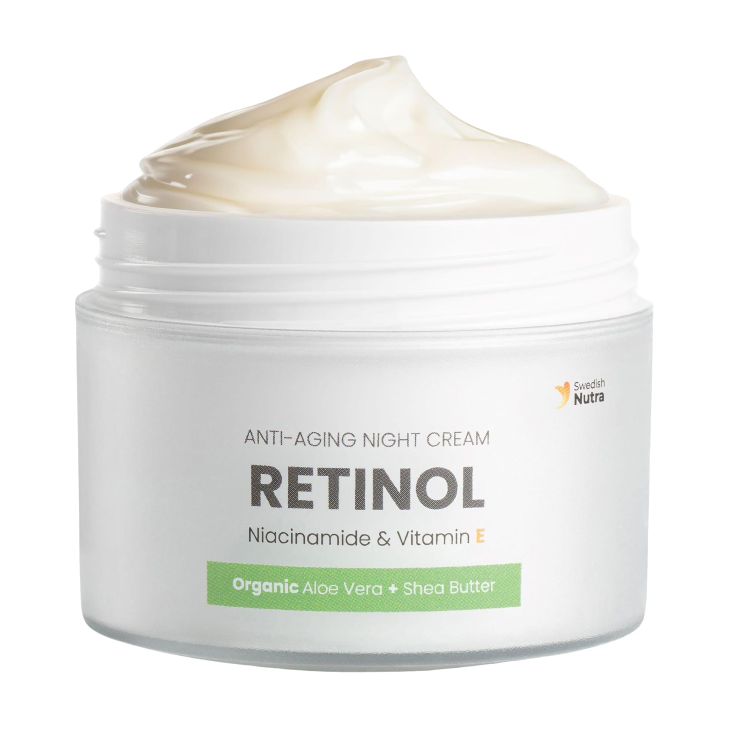 Swedish Nutra Anti-Ageing Retinol Night Cream, 50 ml | Infused with Vegan Collagen, Vitamin E, Niacinamide, Organic Aloe Vera & Shea Butter | Soothing Face Moisturiser for Skin Health & Hydration