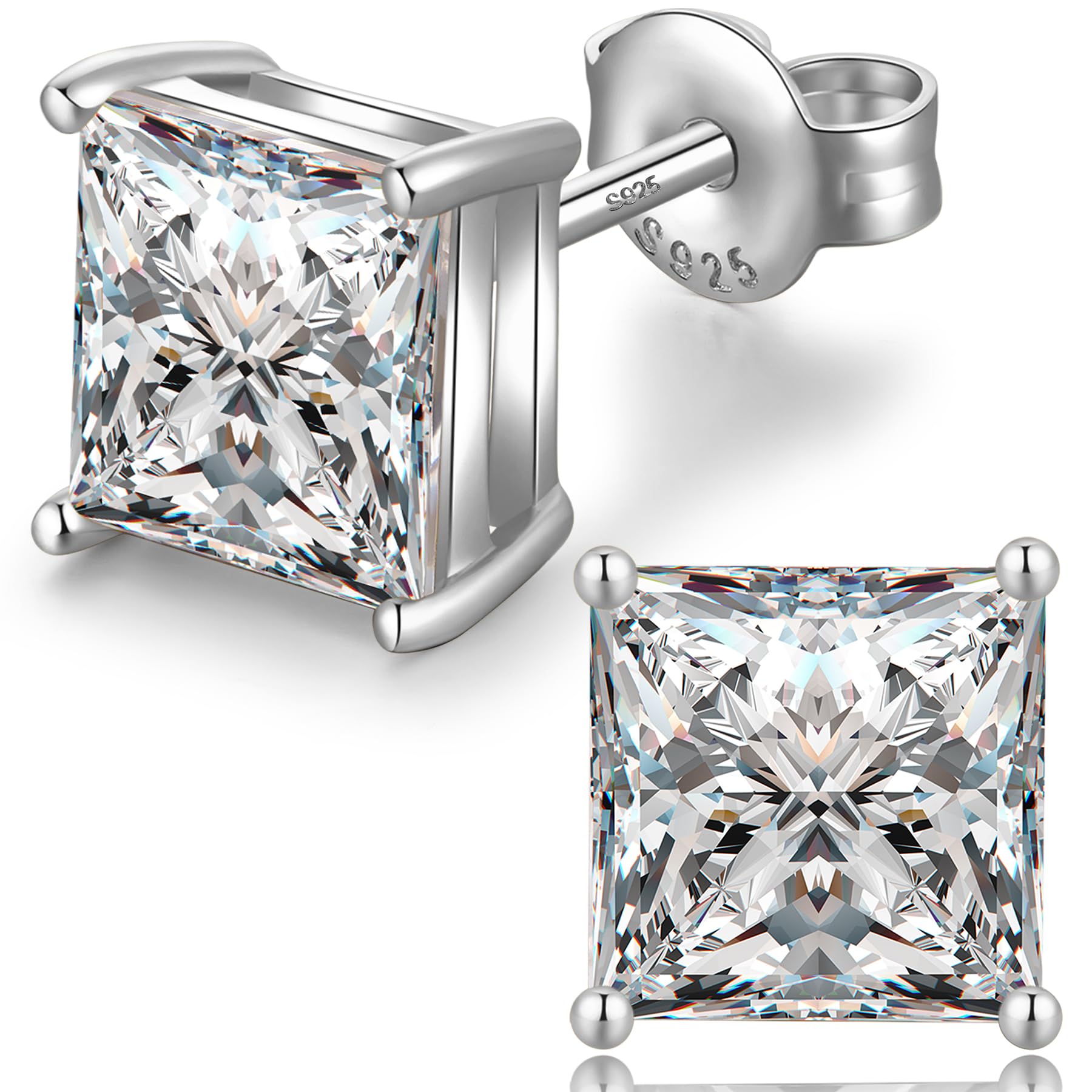 Stud Earrings Square Diamond Earring for Men Women Silver Stud Diamond Earrings 925 Sterling Silver Studs 4mm โ image 1