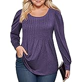ROSRISS Womens Plus-Size Tops Puff Long Sleeve T Shirts Dressy Flowy Pleated Tunics Cute Casual Crew Neck Blouses XL-5XL