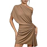 winkbay Women's Off The Shoulder Ruched Dresses Elegant Short Sleeve Asymmetrical Mini Party Dresses