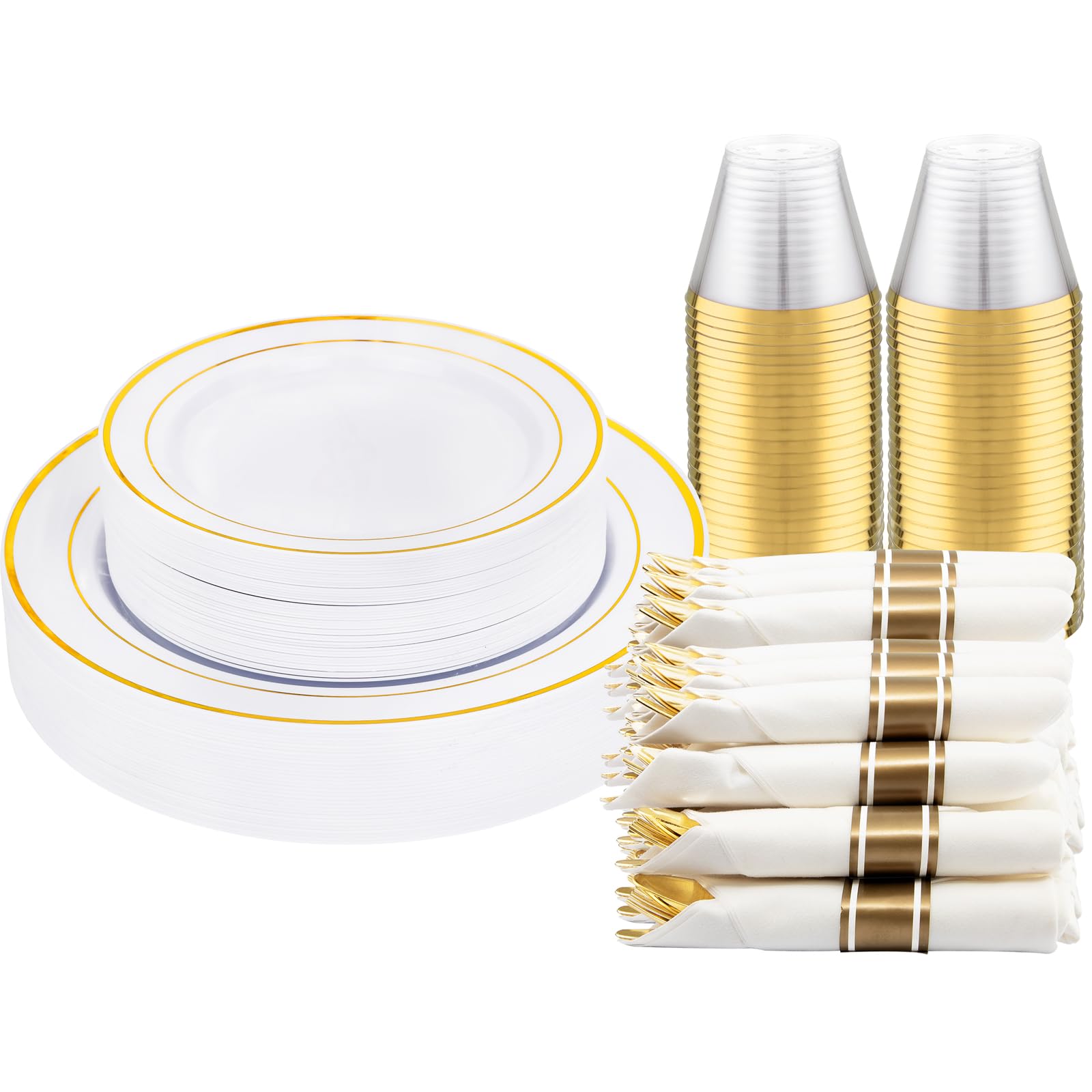 Photo 1 of DaYammi 210PCS Gold Plastic Dinnerware Set for 30 Guests, Fancy Disposable Plates for Party, Include: 30 Dinner Plates, 30 Dessert Plates, 30 Pre Rolled Napkins with Gold Silverware, 30 Cups