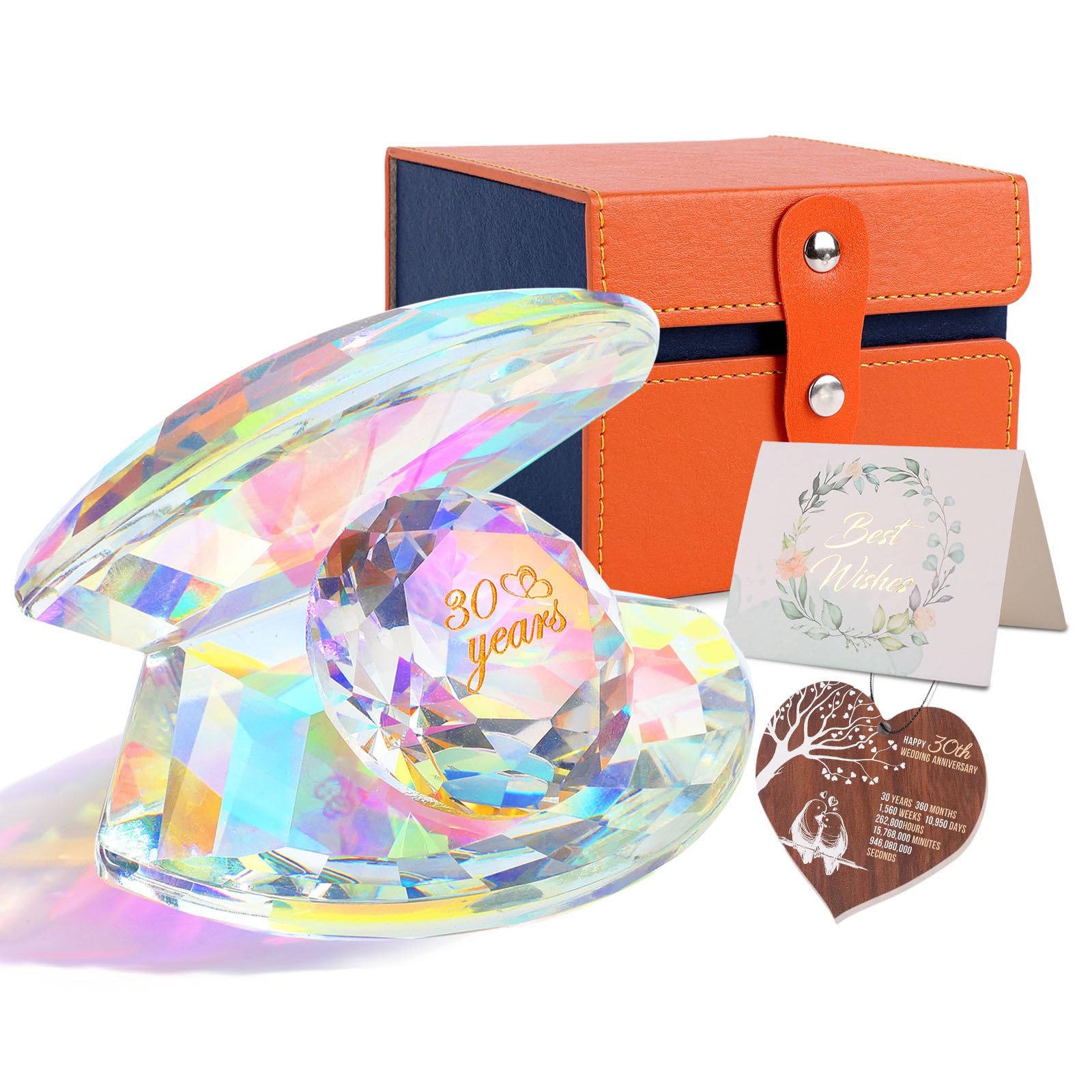 Pkinmonut Pearl Shells Crystal Ornaments 30th Wedding Anniversary Romantic Gifts for Couples 30th wedding Anniversary Presents for Parents glass ornaments with Wooden Heart Plaque and Card