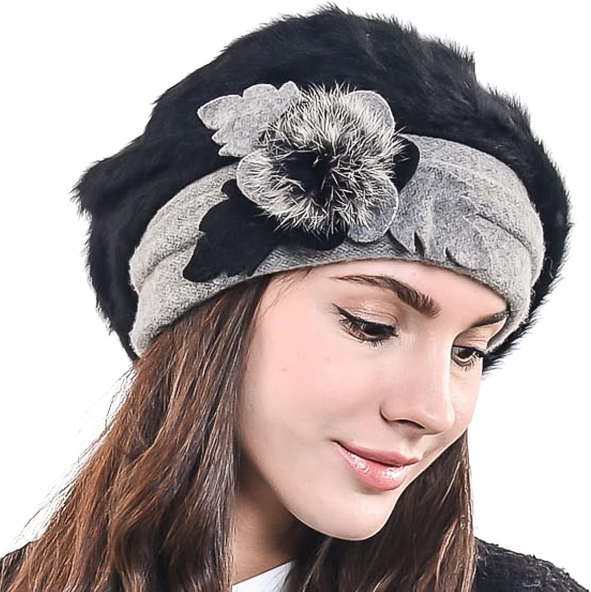 F&N STORY Lady French Beret Wool Beret Chic Beanie Winter Hat Jf-br034 (BR022-Brown Angora) at  Women’s Clothing store