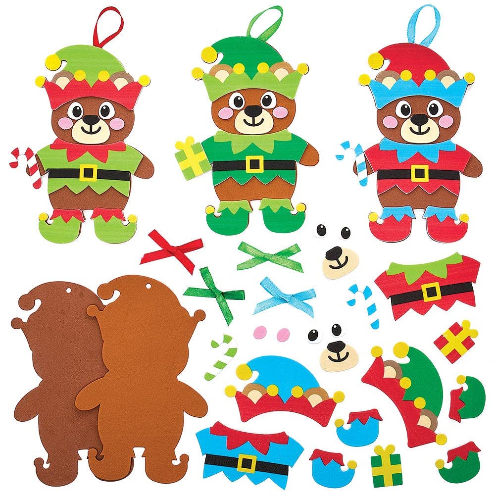 Baker Ross FX288 Christmas Elf Bear Mix and Match Decorations Kits - Pack of 8, Kids Christmas Decorations Craft Kit, Arts and Crafts Christmas Decorations