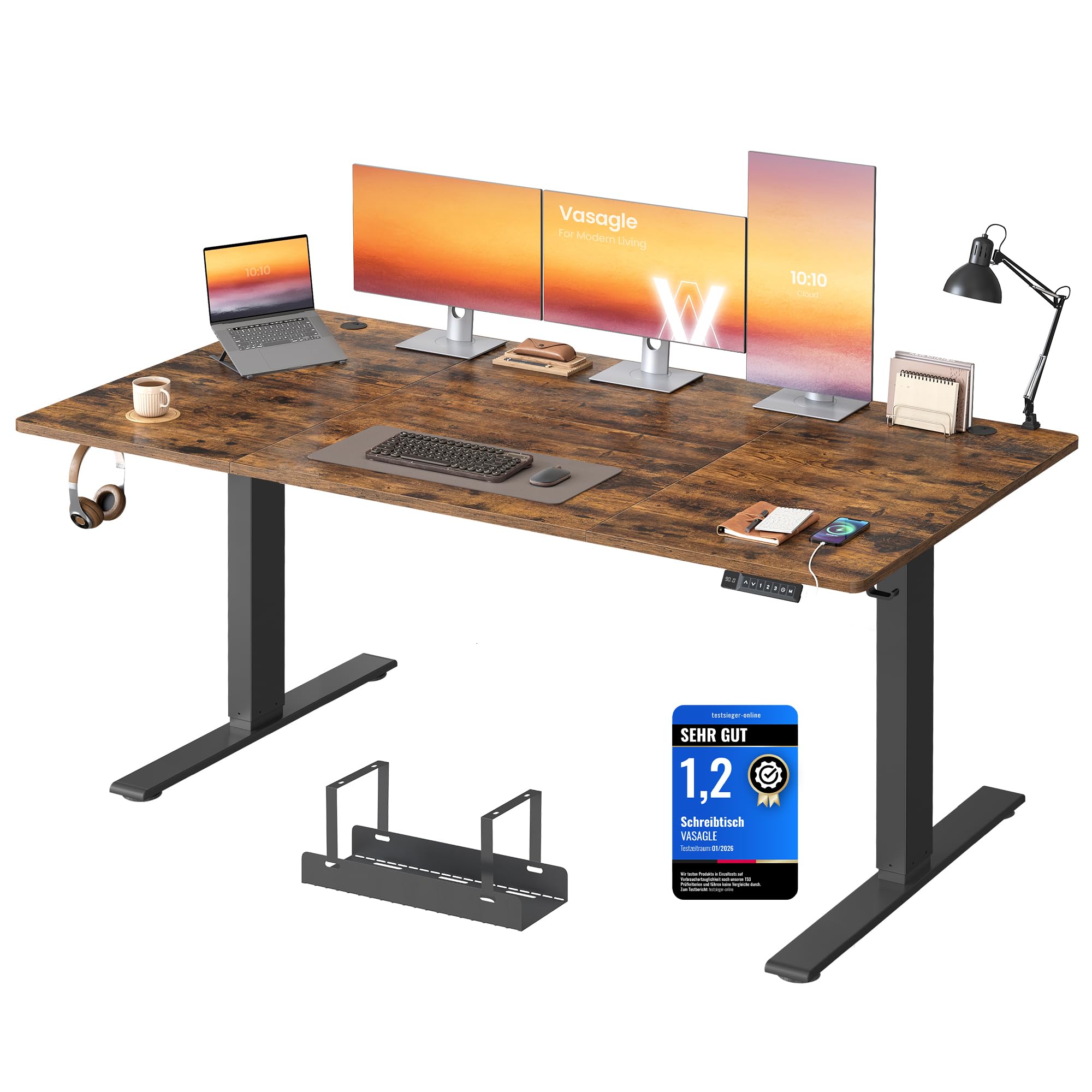 VASAGLE Höhenverstellbarer Schreibtisch, 180 x 80 cm, USB-C-Anschluss, Ablage für Steckdosenleiste, Stehtisch, Erinnerung bei langem Sitzen, 3 Speichertasten, für Büro, vintagebraun LSD148KD02