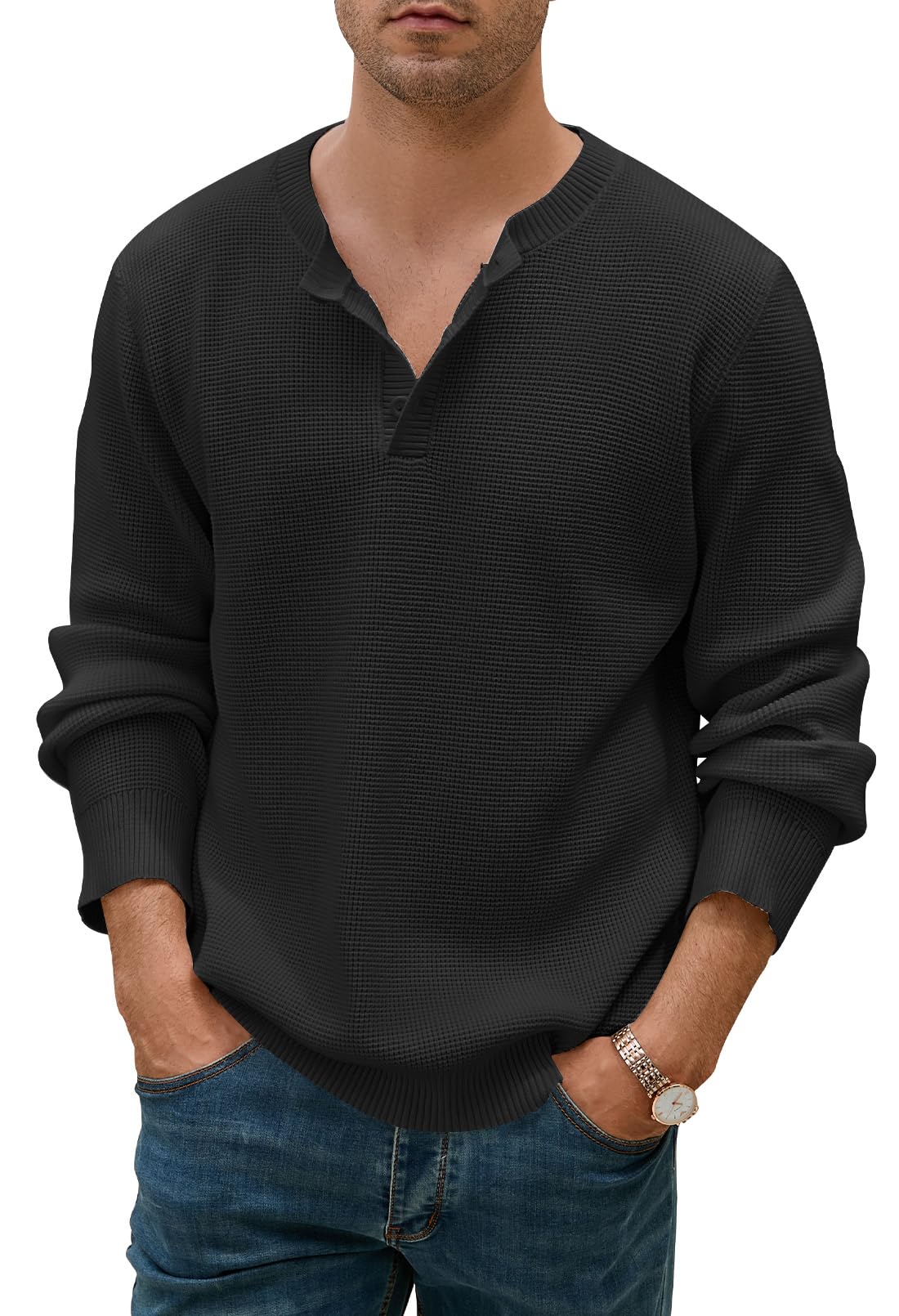Photo 1 of MEROKEETY Men's Long Sleeve Pullover Sweater Crew Neck Button Casual Waffle Knit Henley Sweaters Tops, Black, X-Large