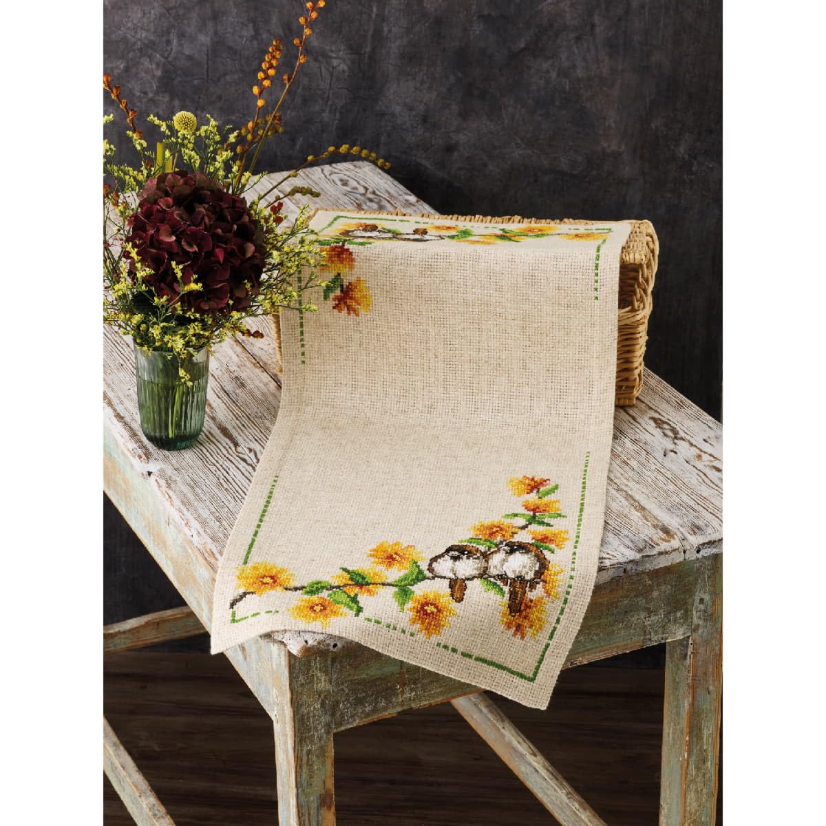 Permin Table Runner Cross Stitch Embroidery Kit Buttercup and House Sparrow Counted Pattern