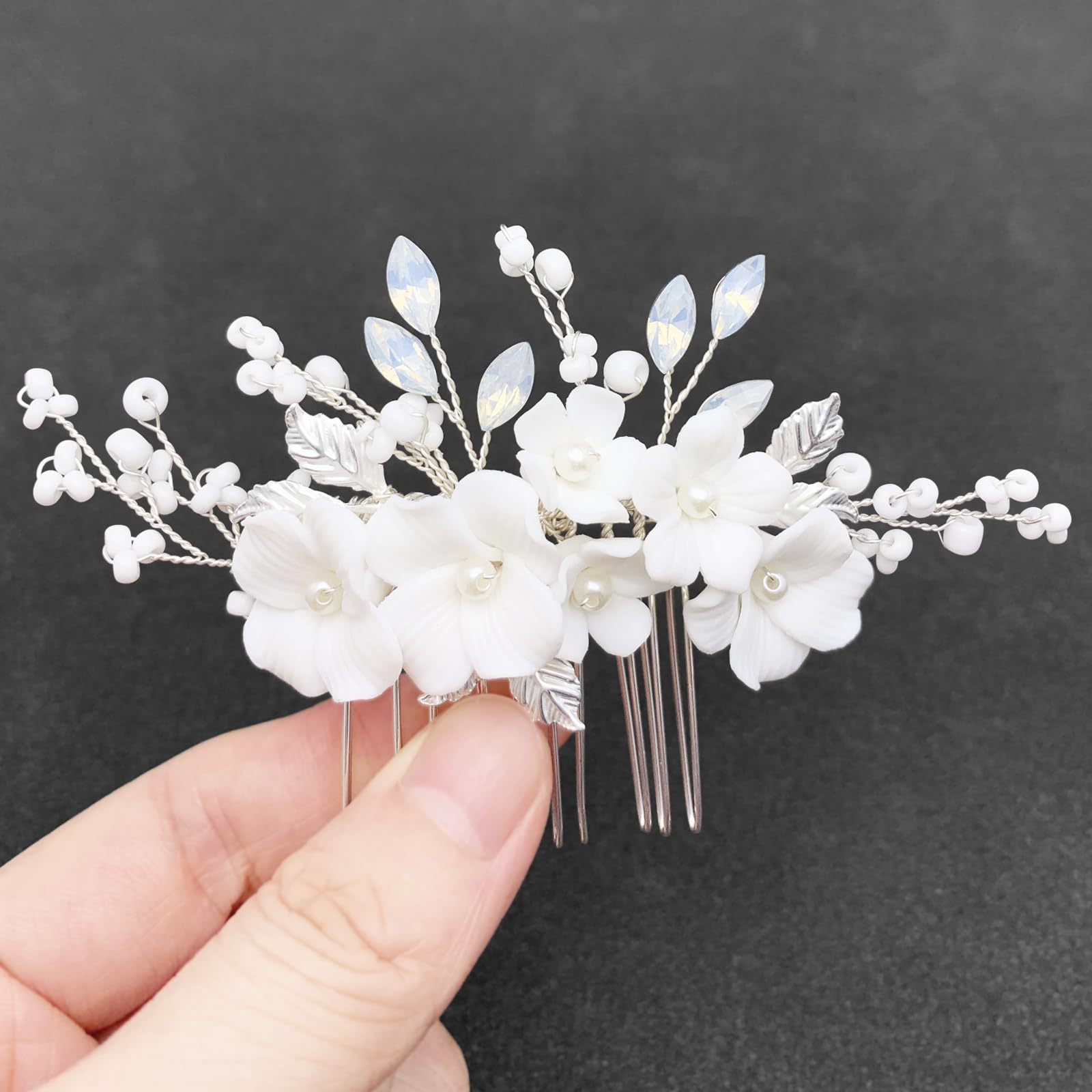 Bridal White Hair Comb Pearl Leaf Ceramic Flower Wedding Accessories Bridal Wedding Hair Comb Pearl Leaf White Ceramic Floral  main image 4