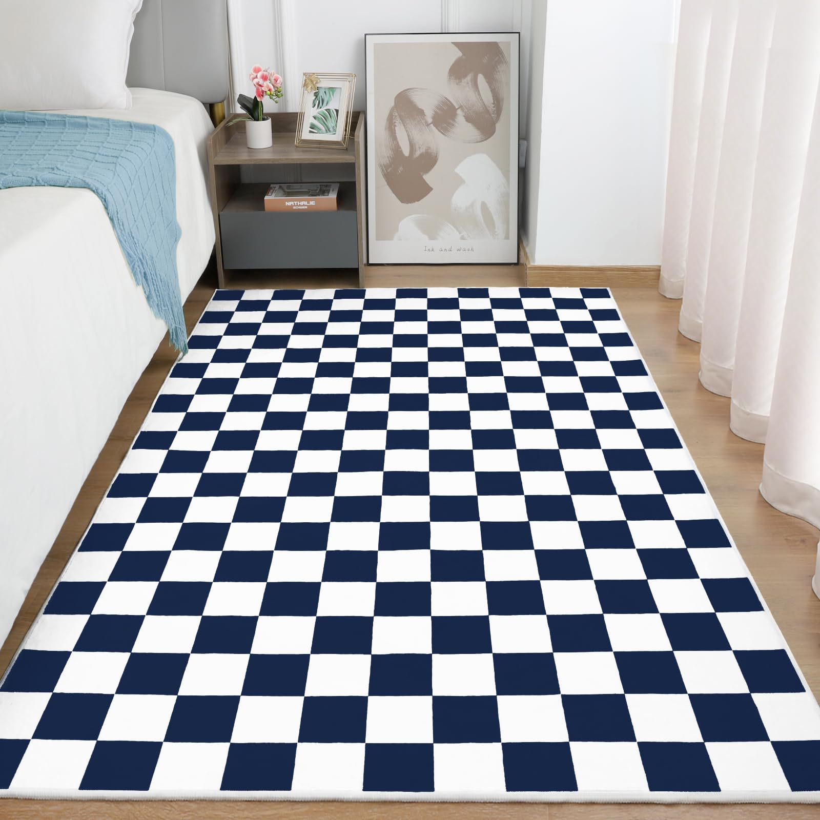 Photo 1 of Terrug Navy and White Checkered Rug for Bedroom,4x6 Area Rugs Washable with Non Slip for Living Room,Soft Low Pile Stain Resistance Retro Carpet for Dorm Kids Room