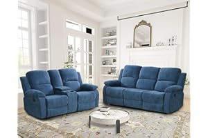 Plithzy Recliner Sofa Set Living Room Furniture, Microfiber Fabric Reclining Sofa Set, Recliner Couch Set with Cup Holders for Office Home (Sofa and Loveseat Set, Blue)