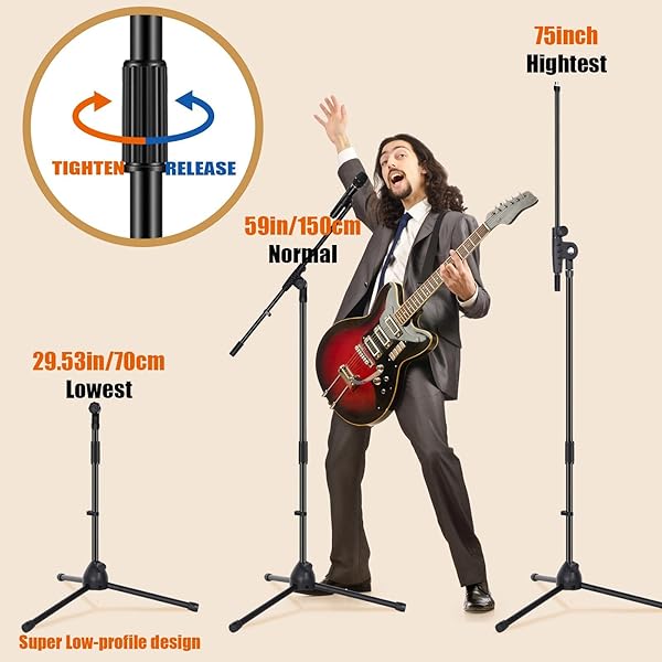 TELLEGLOWW 1 PCS MICROPHONE STAND TRIPOD BOOM ARM FLOOR PODIUM STUDIO MIC STAND ADJUSTABLE HEIGHT 75 INCHES, EXTENDS ARM TO 27 INCHES COMES WITH 3/8 INCH AND 5/8 INCH MOUNT ADAPTERS FOR SINGING