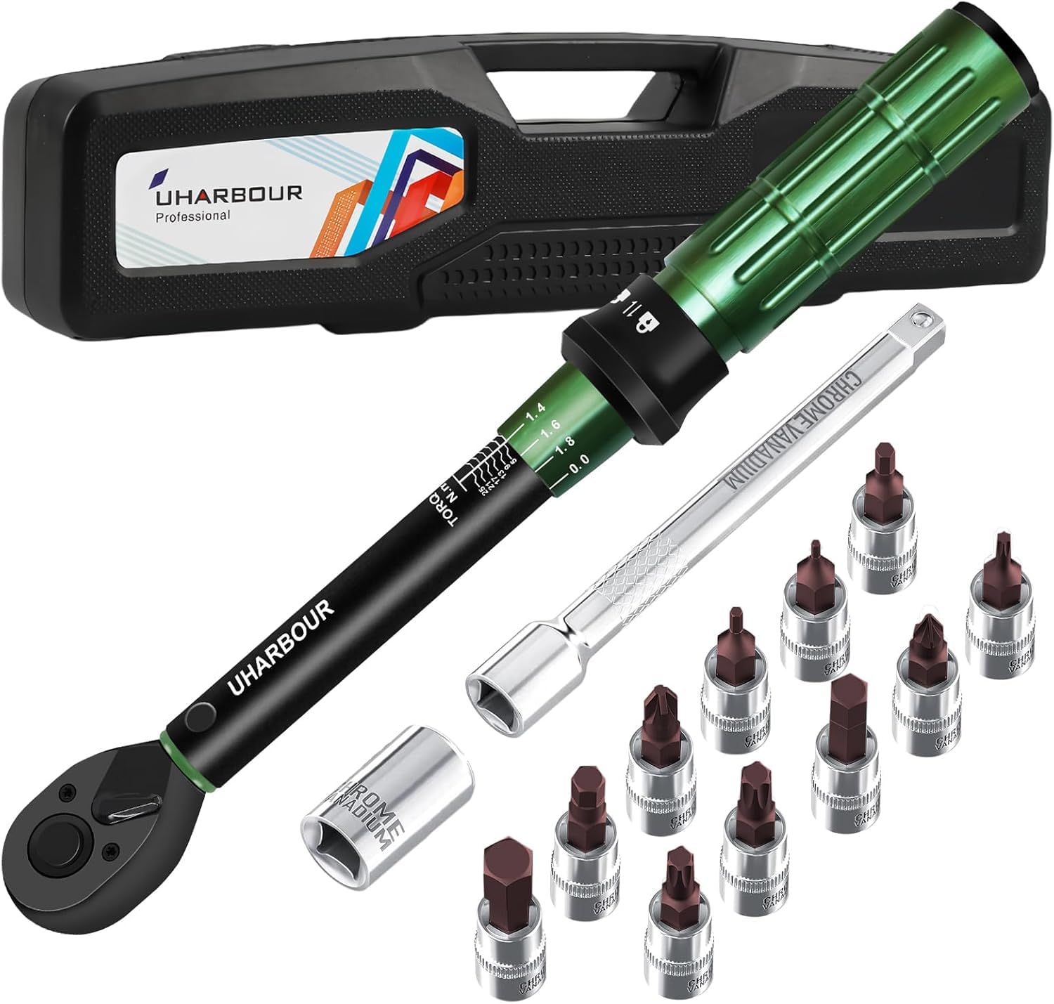Uharbour 1/4" Torque Wrench Set 3-25Nm, 14PCS Bike Torque Wrench Set with Bits and Extension Rod for Bicycle Repair, ±3% Accuracy with Unique Serial Number