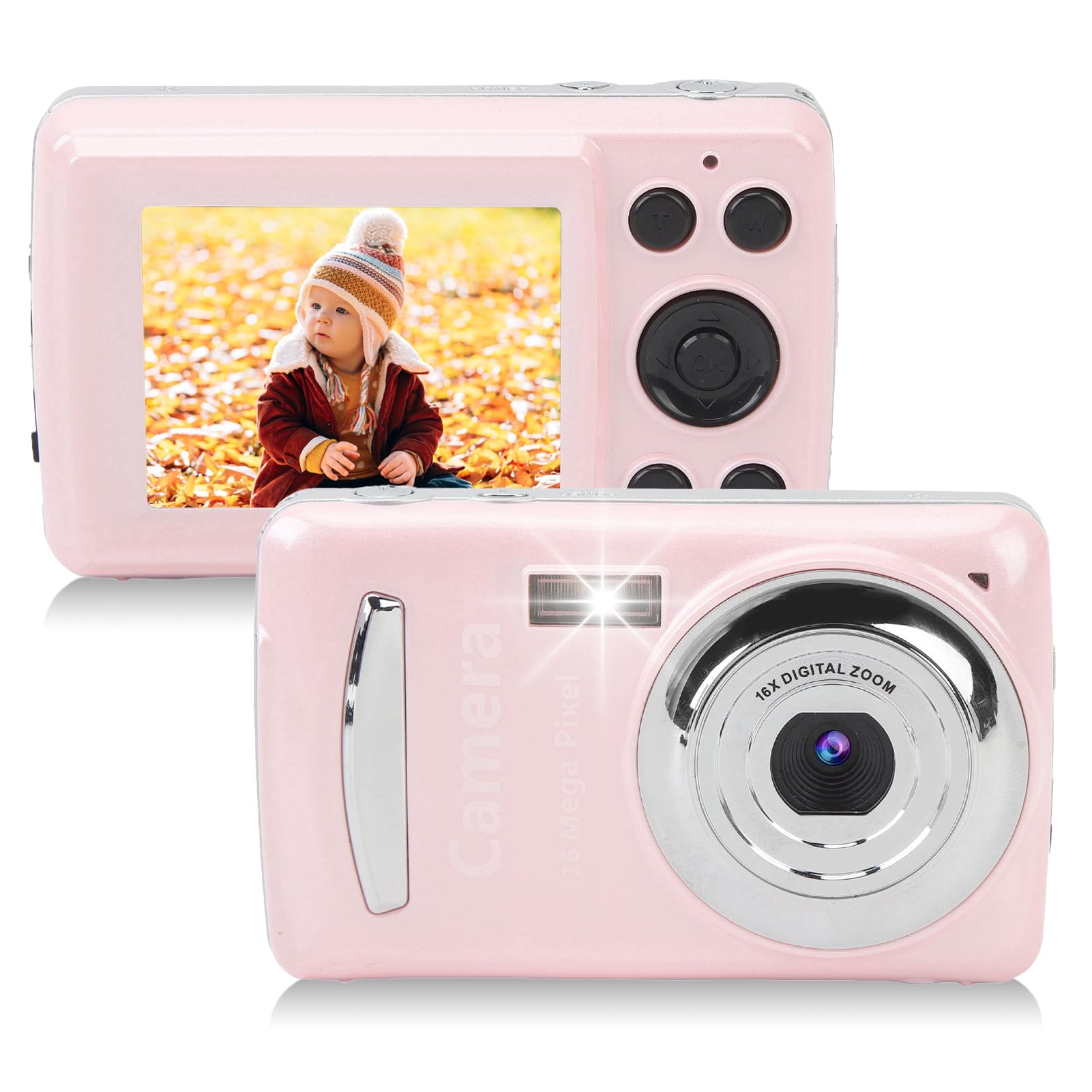 16MP Digital Camera, 2.4 Inch HD Display Screen, 16X Zoom, 1080P Video Recording, Auto Focus Multi Axis Stabilization Portable Digital Camera, Vlogging Camera (Pink)