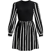 winkbay Women's Striped Long Sleeve Dress Elegant Button Crew Neck A Line Fall Work Office Short Dresses