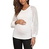 Bhome Womens Maternity Shirts Crochet Lace Long Sleeve V-Neck Pregnancy Tops Casual Tee Blouses