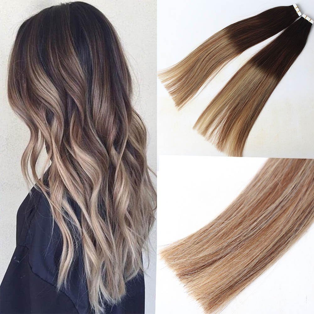HairMagic 14"PU Hair Expensions(T2/6)P(T2/24)#Natural Straight Human Hair Dark Brown And Light Brown Mashup Hair Extensions Good Quality 20Pcs/Package