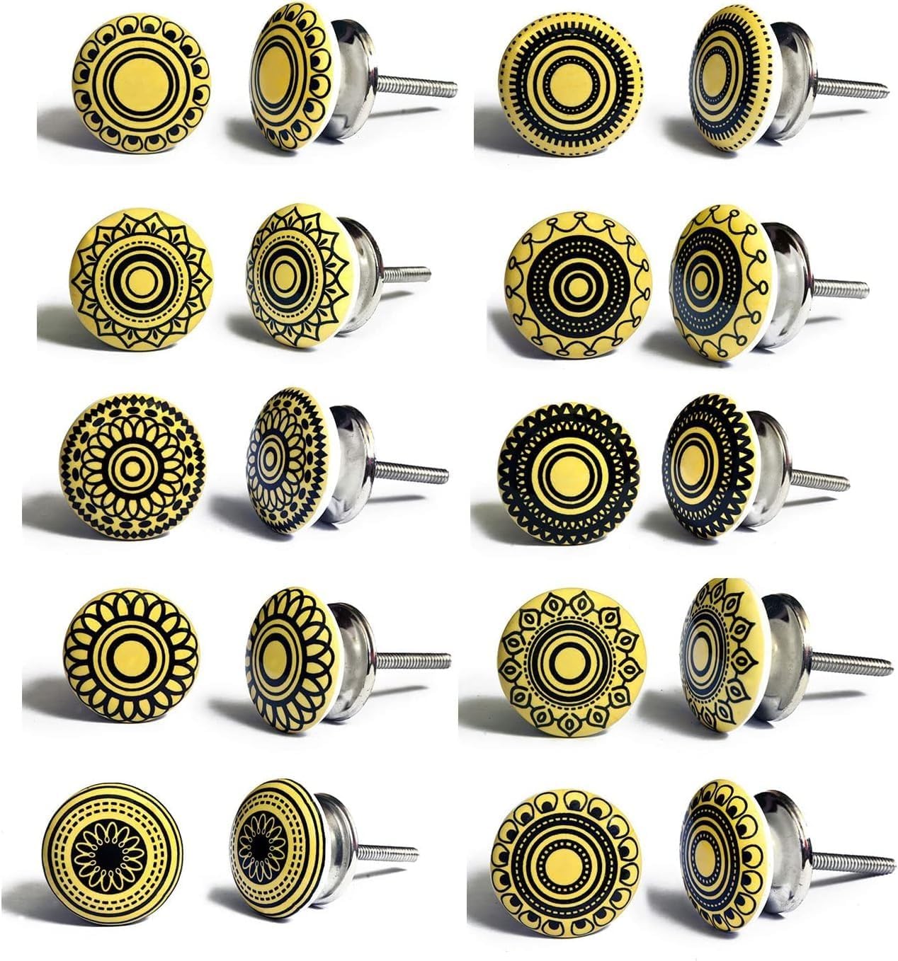 Set of 10 mustard yellow ceramic knobs with different shapes hand painted | handcrafted handles for cabinets, drawers, dressers and hangers | classic ceramic knobs 40mm diameter | knobs with design |