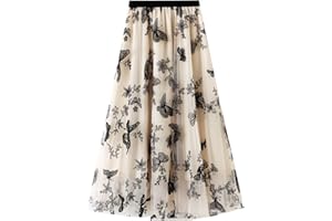 IMISSILLEB Women's Tulle Skirts 3D Floral Embroidery Lace Layered Elastic High Waist Tutu Midi Skirt Pleated Mesh A-Line Skirt