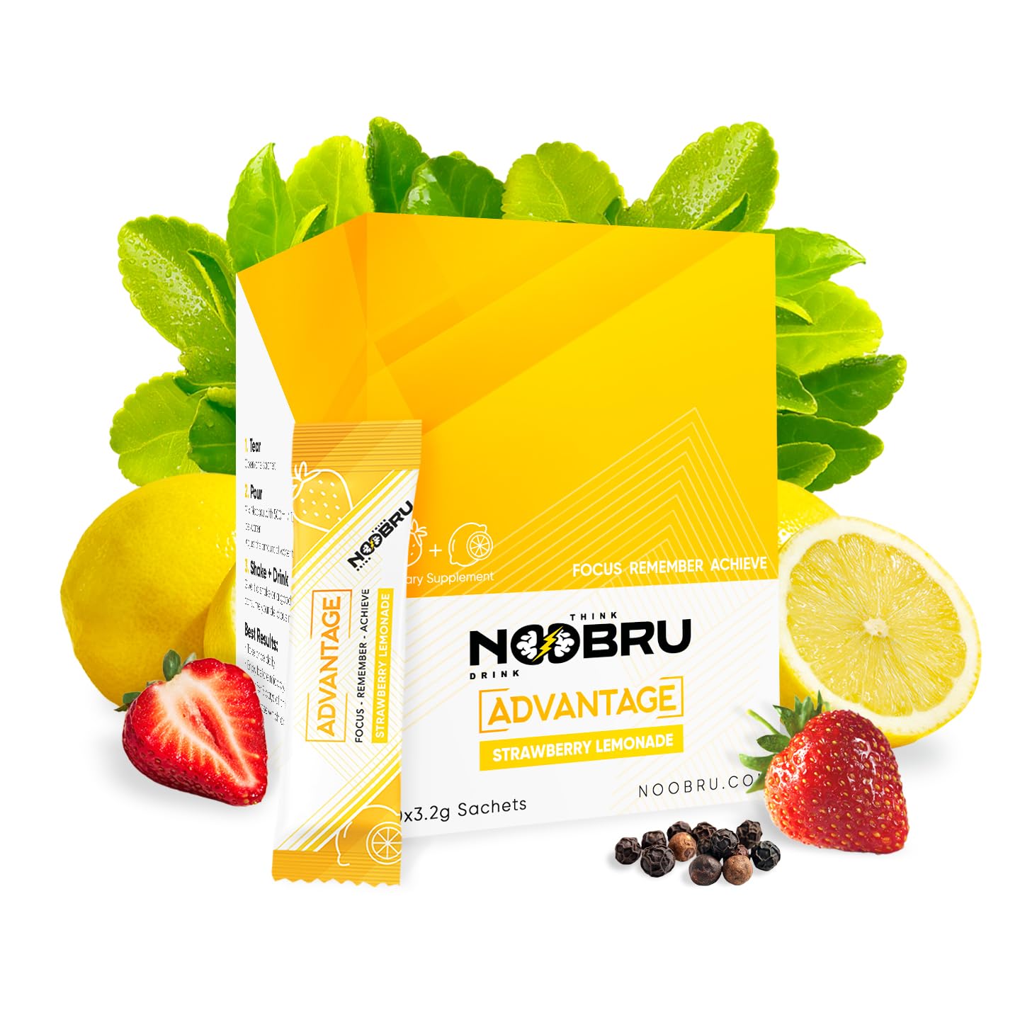Noobru Аdvantage Nootropic - Delicious Nootropics Brain Supplement with 11 Active Ingredients - Natural Cognitive Enhancer - 20 Strawberry Lemonade Sachets - 1 Month Supply, 20 Count (Pack of 1)