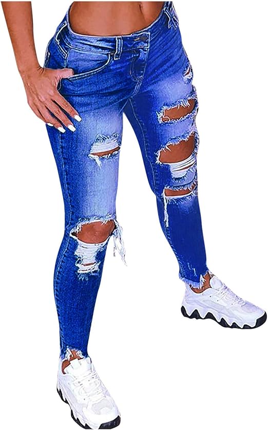 TECB Women's Ripped Jeans with Holes Low Waist Stretch Skinny Jeans
