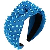 YISSION 1PC Pearl Knotted Headband for Women Non Slip Beaded Headband Wide Pearl Headbands Jeweled Embellished Hairband Blue Head Band Hair Accessories for Women Girls