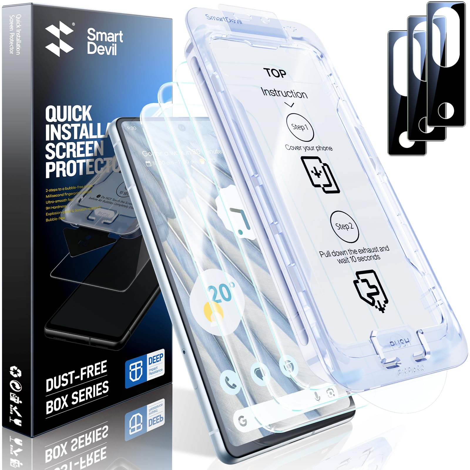 Photo 1 of SMARTDEVIL [3+3 Pack for Google Pixel 7 Screen Protector with Camera Lens Protector, Finger Print Reader Compatible, Fast & Easy Installation, Clear 9H Tempered Glass Film, Alignment Frame