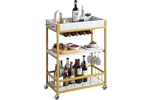 aboxoo Bar Cart White Marble 3 Tiers Removable Storage Tray with Wine Rack & Wine Glasses Holder,Rolling Beverage Mobile Bar Serving Cart with Handle Wood and Gold Steels Home Kitchen Shelf for Party