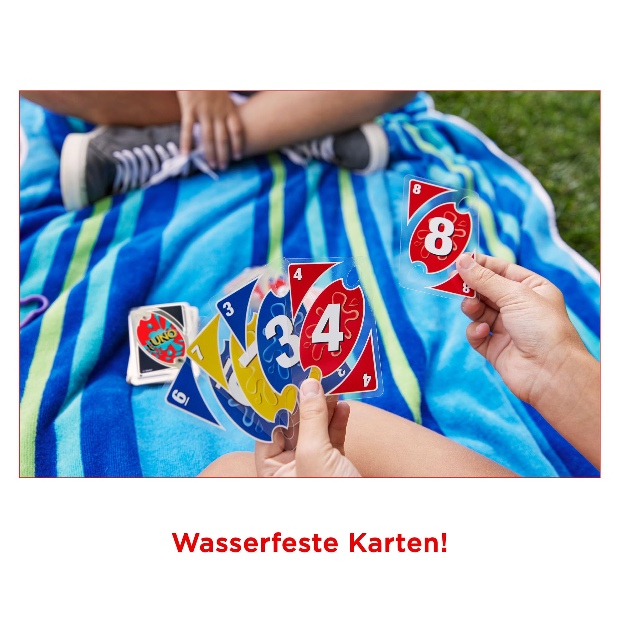 Mattel Games UNO H2O to Go, UNO Kartenspiel für die Familie, UNO wasserfest und zum Anhängen mit Karabinerhaken, Perfekt als Strand Spielzeug oder Reisespiel, für 2-10 Spieler, ab 7 Jahren, P1703 4