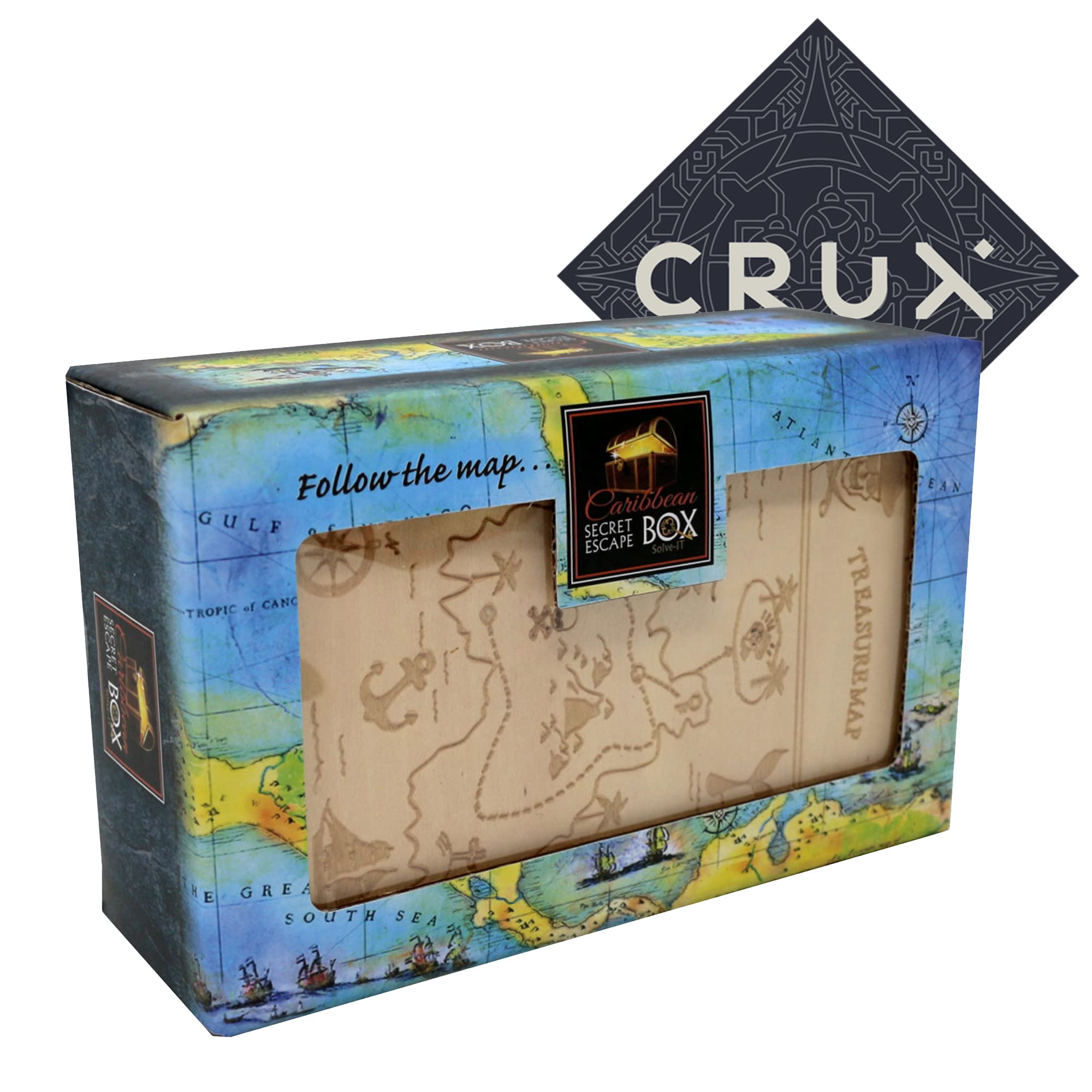 Caribbean Secret Escape Box - Fun Tricky Wooden Puzzle Box - Includes Crux Sticker