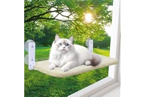 LRJRIZZO Cat Window Perch, Foldable Cat Window Hammock Sunbathing and Climbing Cats Hammock for Window Bed Bearing 40 Pounds Window Perch for Cats Inside 2-in-1 Reversible Cover (Beige)